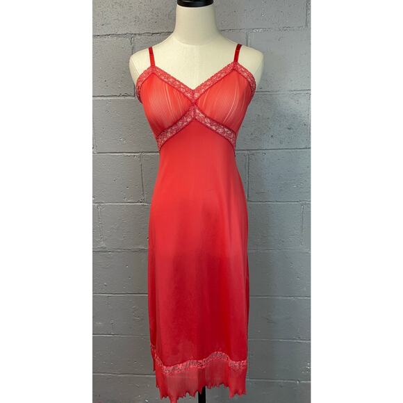 Vintage 50s Vanity Fair Slip Dress Coral Accordion Pleats Semi Sheer Nylon Lace - Picture 5 of 10